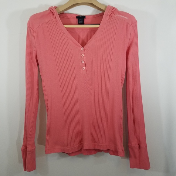 Calvin Klein Jeans Tops - Calvin Klein Thermal Hoodie Ribbed Coral Size XL